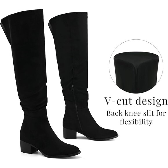 Women's Black Suede Over The Knee Thigh High Chunky Block Heel Pointed Toe Boots - Picture 3 of 7